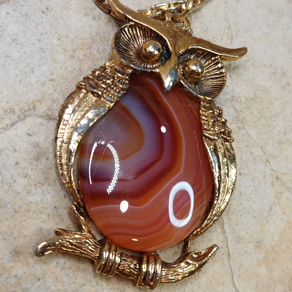 Vintage Owl Brown Banded Agate Pendant Necklace Gold Plated Chain - Picture 3 of 8